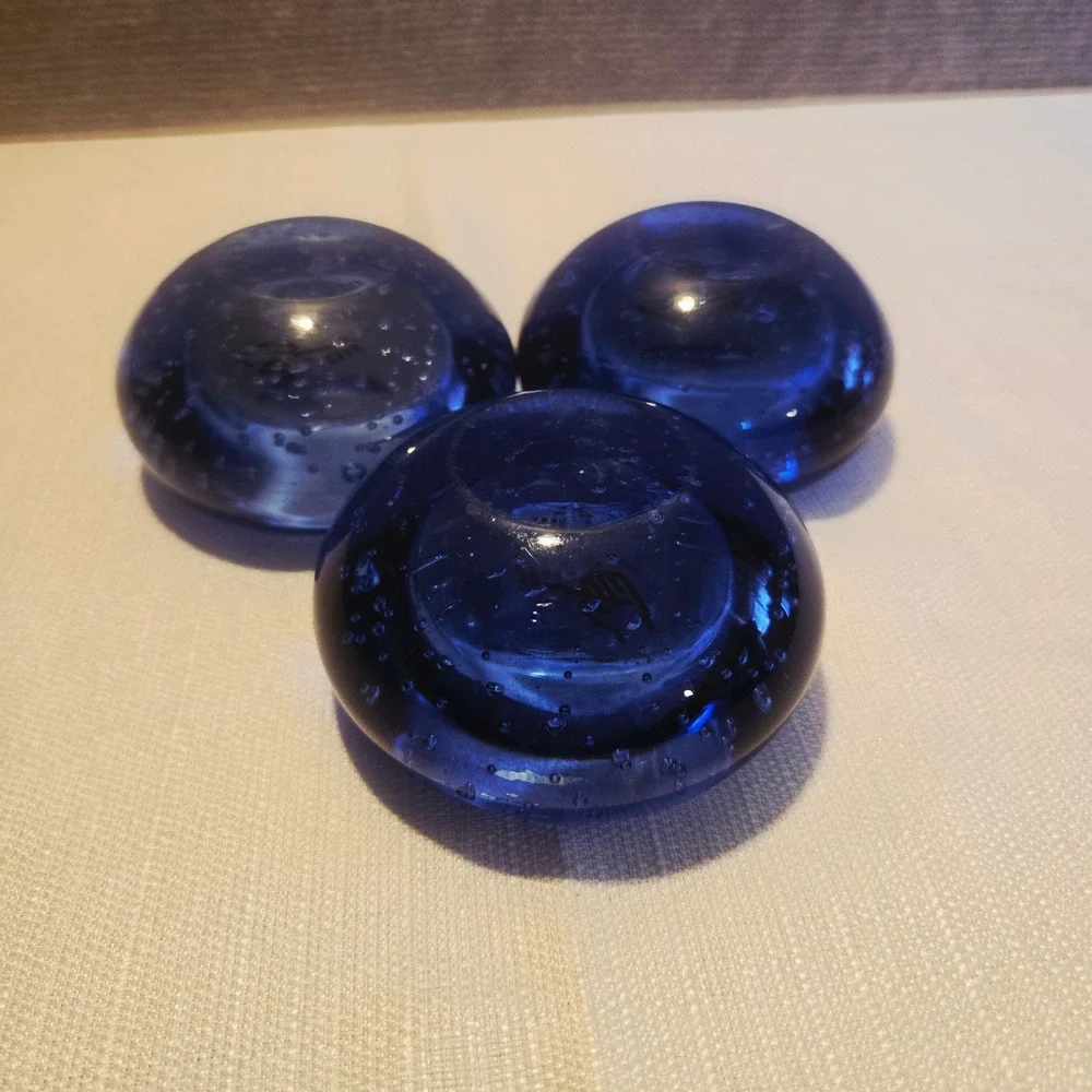 3 IKEA Blue Art Glass Controlled Bubble Paperweight Tea‎ light Candle Holder Set